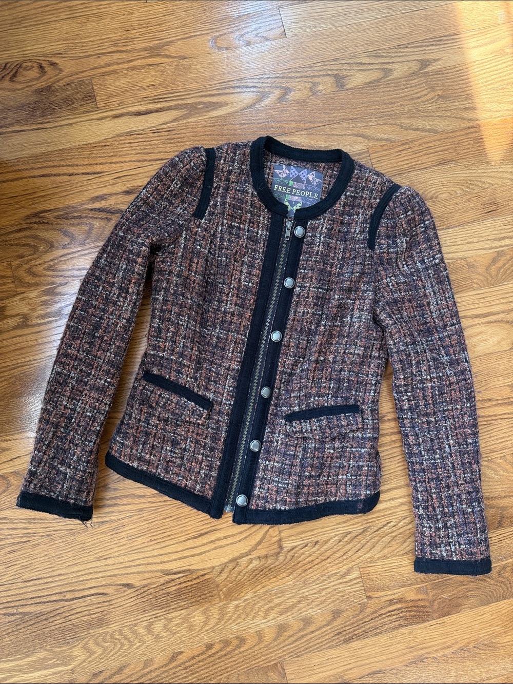Free People Brown & Black Tweed Button-Front Blazer
